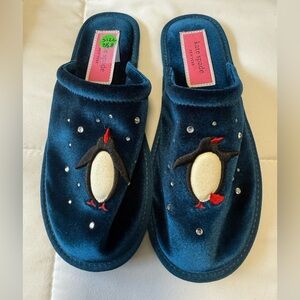 WOT- Kate Spade Blue velvet,Jolie Penguin Embroidered Slippers. 8.5